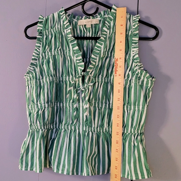 Loft Green And White Striped Cotton Peplum Top With Bow Ties And Ruffles - Picture 5 of 8